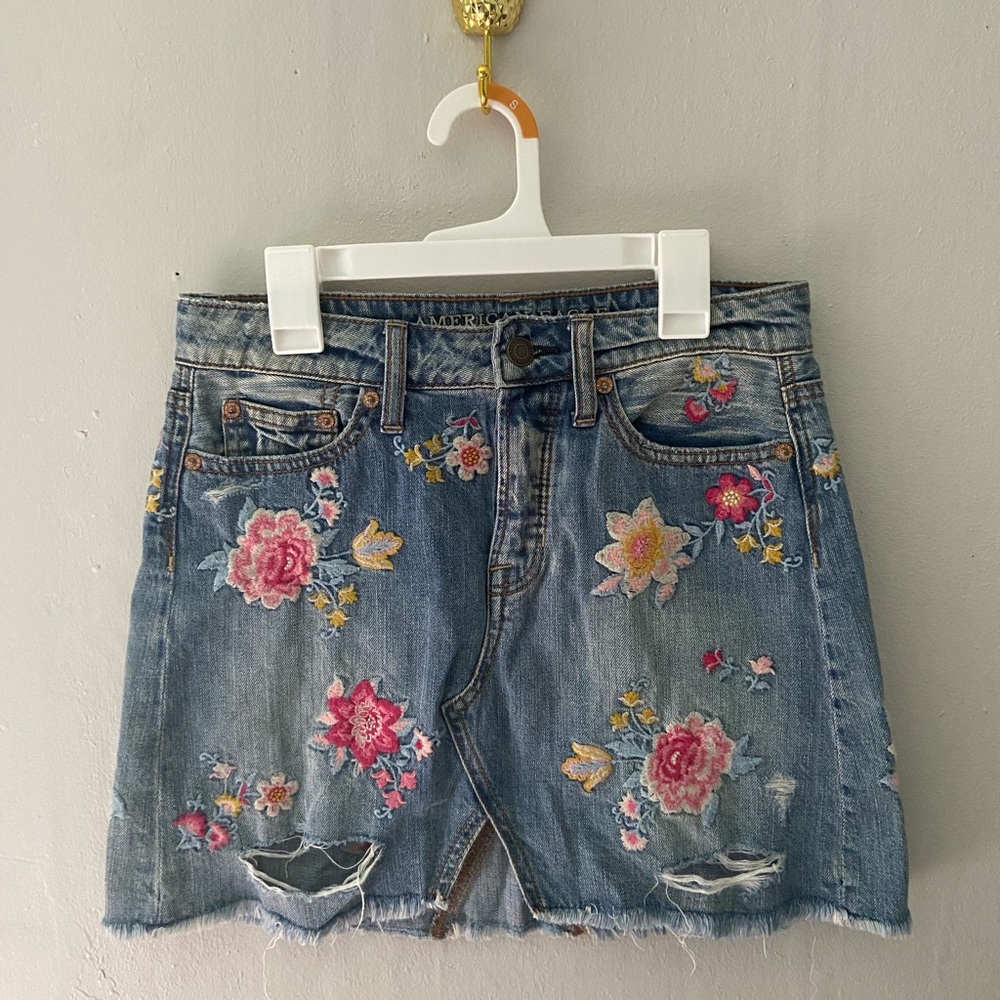 Embroidered Jean Skirt